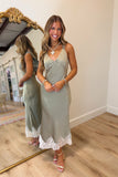 Lined with Lace Satin Midi Dress Green