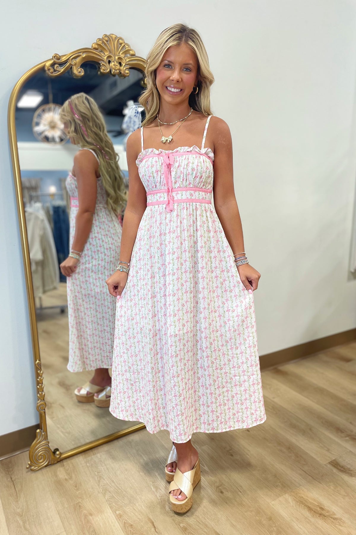 Floral Bow Pattern Dress Pink