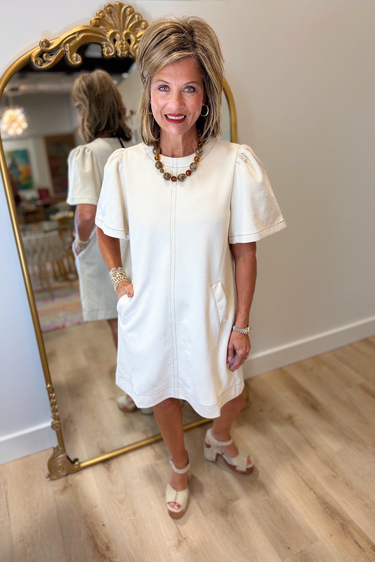 THML Short Sleeve Suede Dress Cream