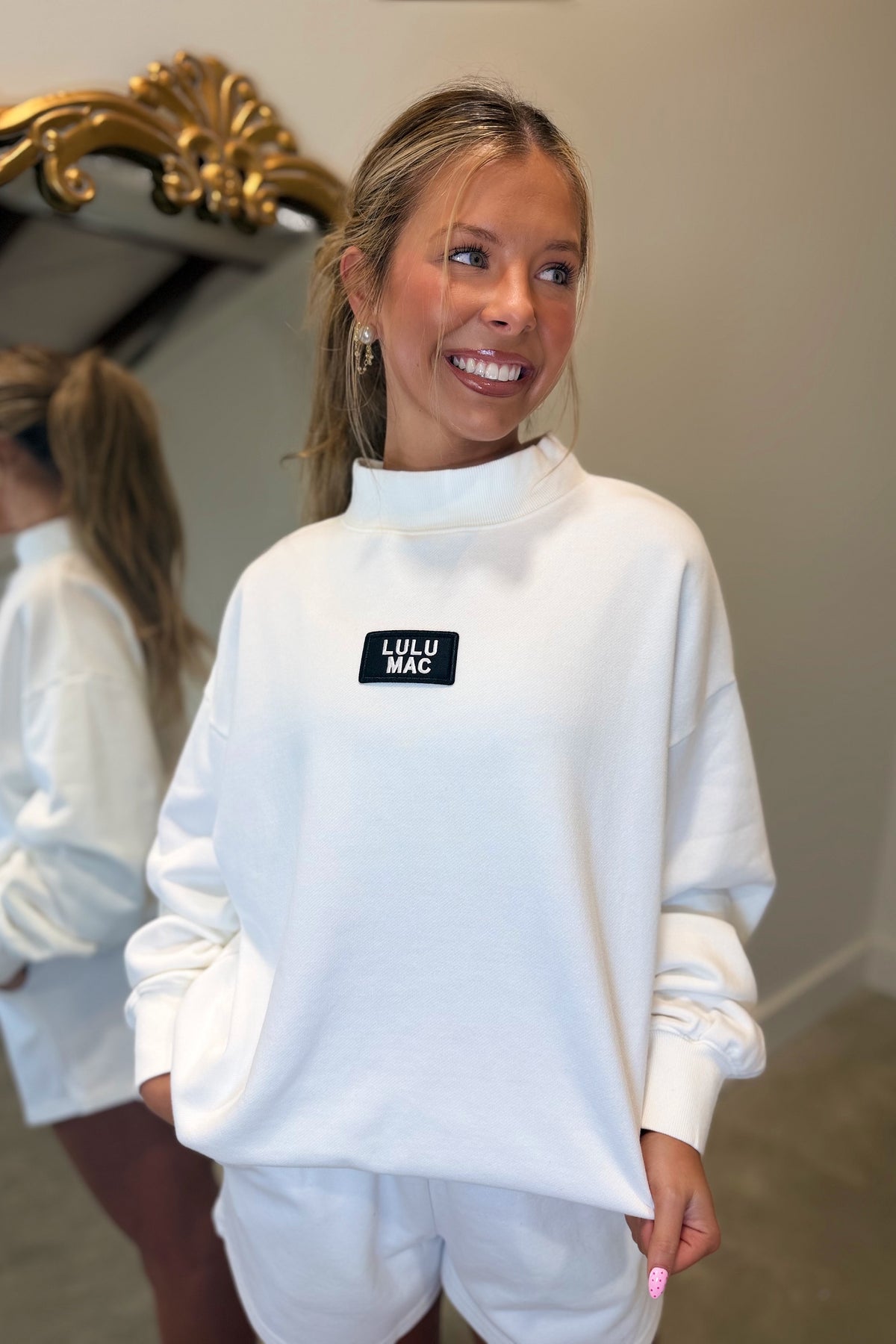 Lulu Mac Terrycloth Mock Neck Sweatshirt White