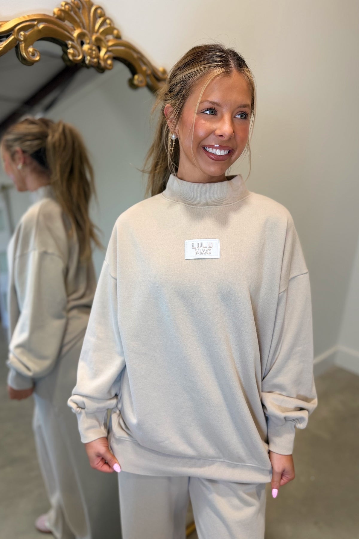 Lulu Mac Terrycloth Mock Neck Sweatshirt Sand