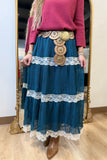 Tiered and Trimmed Lace Skirt Teal