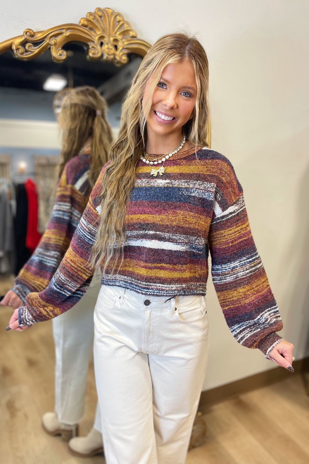 Winter Stripes Cropped Swearer Burgundy