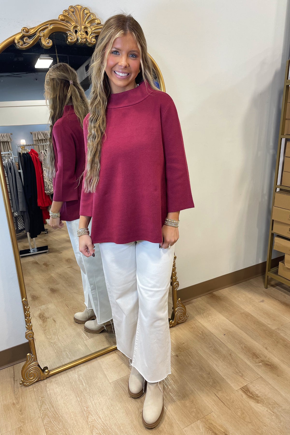 Ellen Mock Neck Pullover Wine