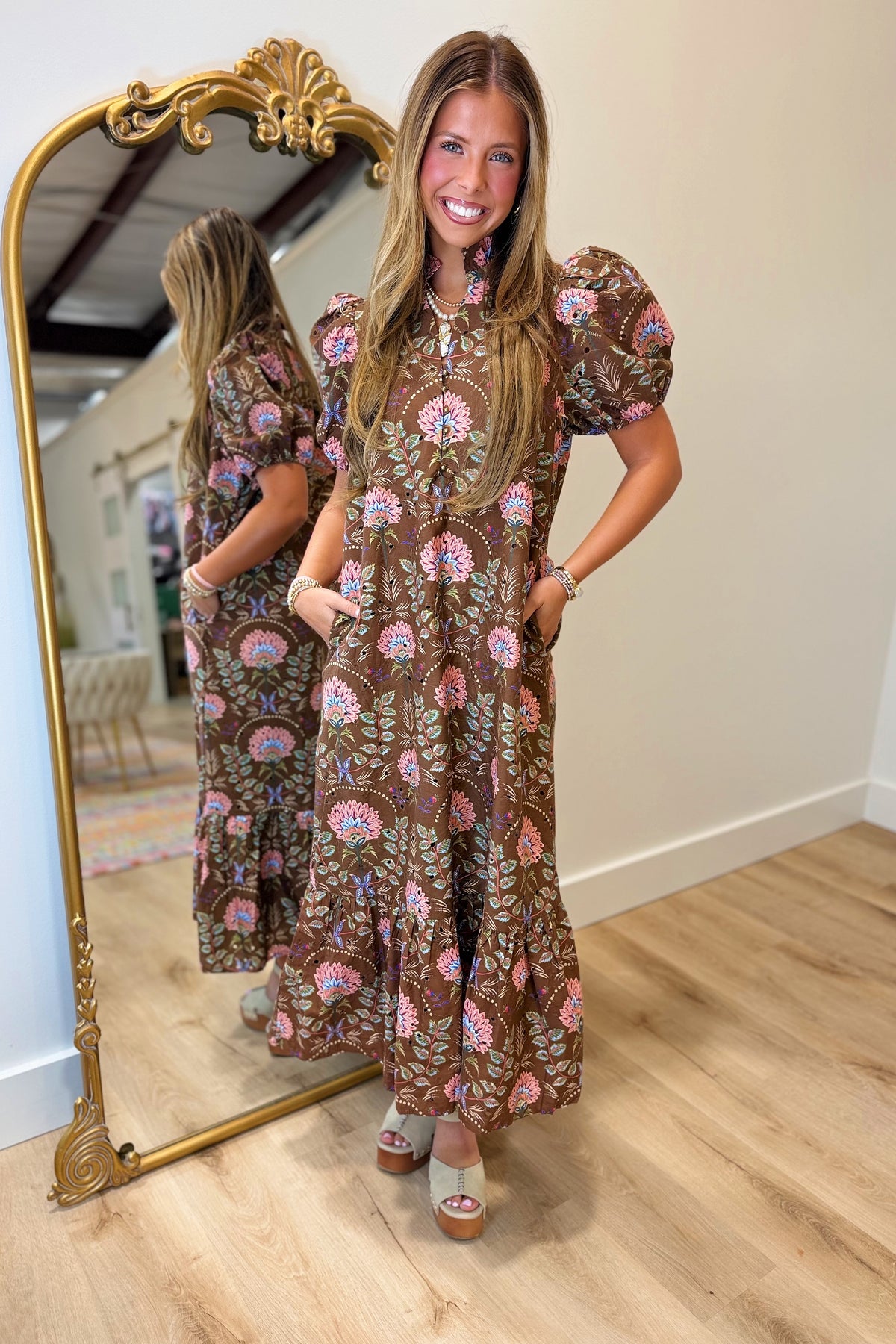 Blooming Autumn Puff Sleeve Midi Dress Brown
