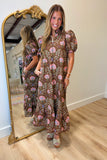 Blooming Autumn Puff Sleeve Midi Dress Brown