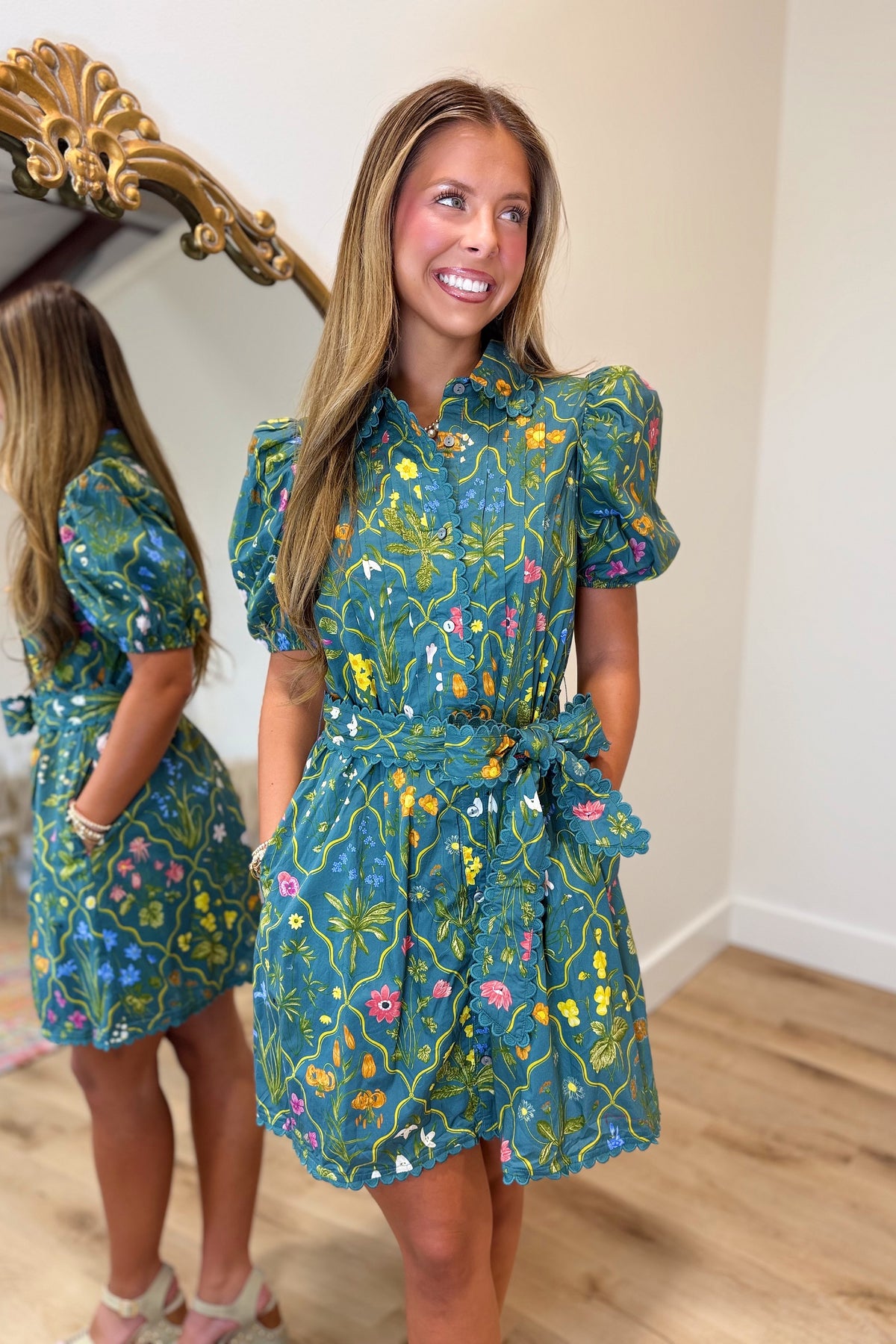 Earthy Evergreen Scallop Trim Short Dress