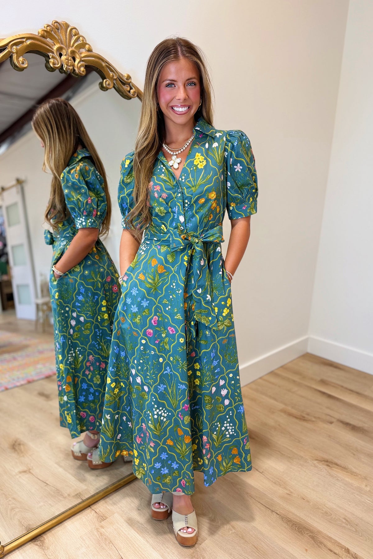 Earthy Evergreen Floral Midi Dress