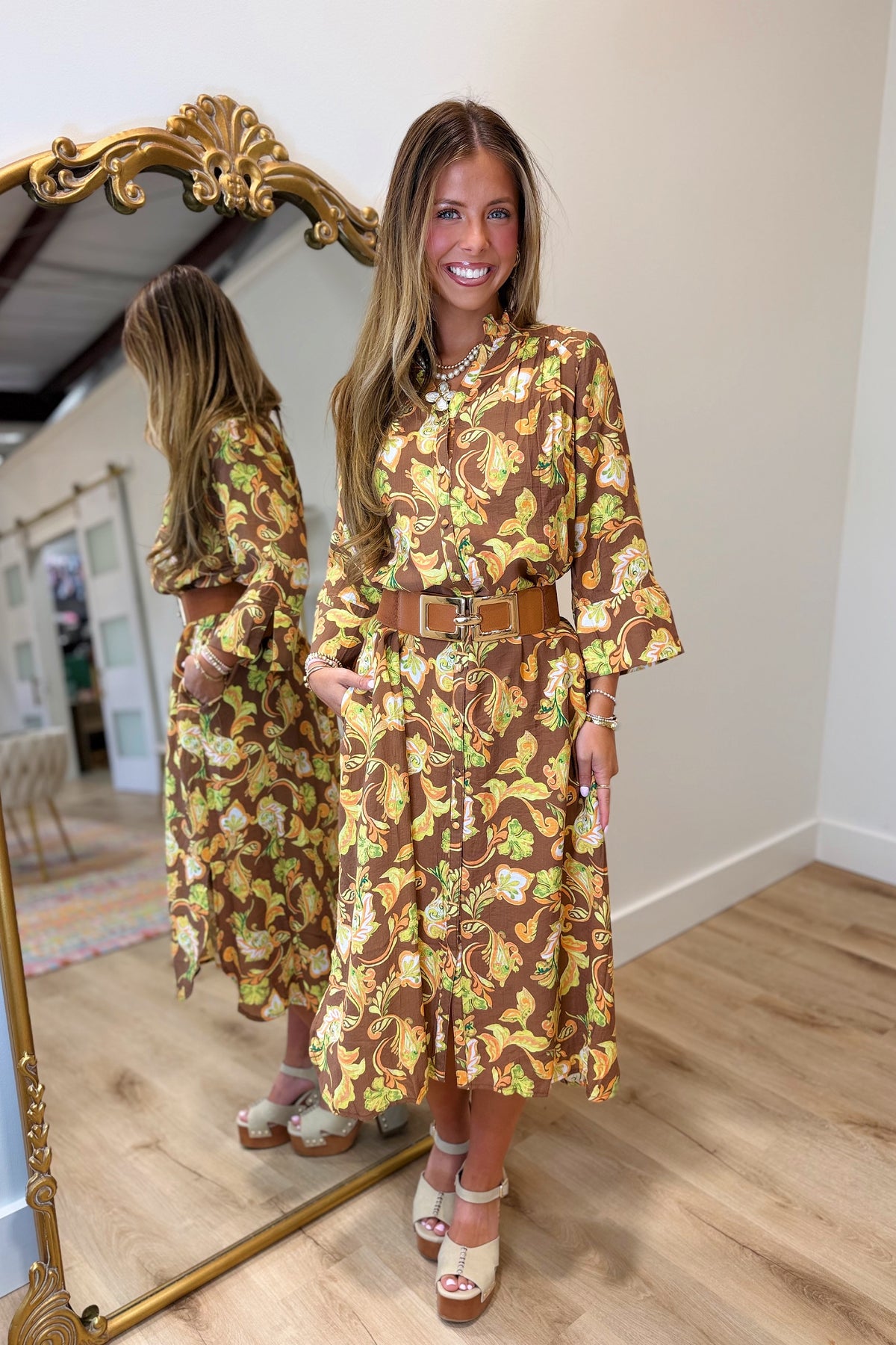 Umgee Paisley Mix Midi Dress Brown