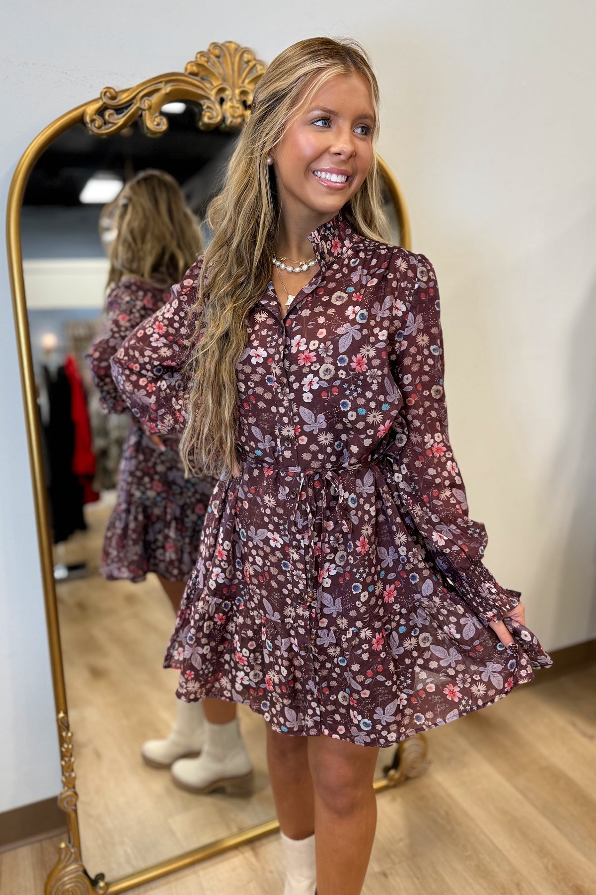 Floral Tie Waist Dress Brown