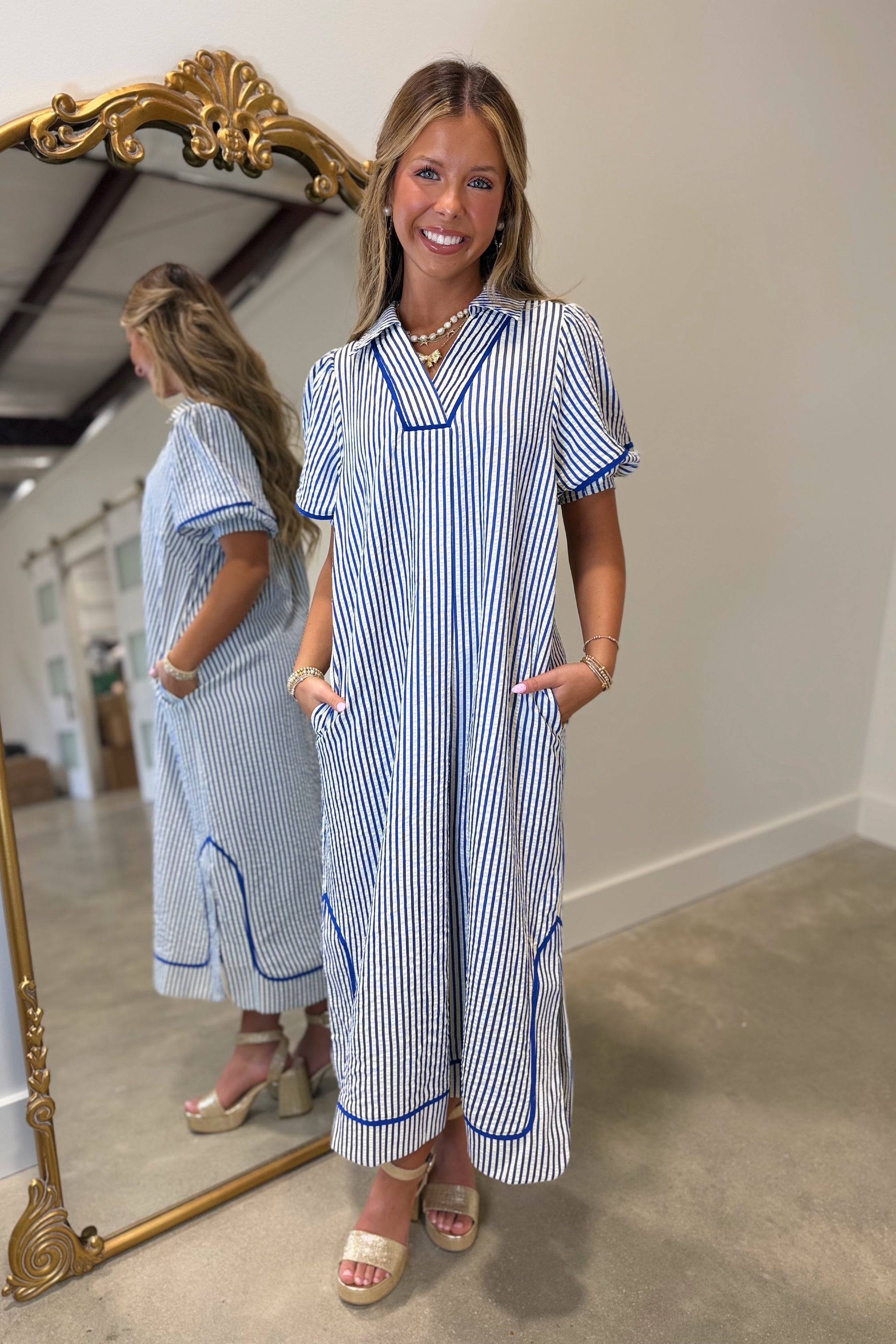 blue white striped maxi dress White and Dusty Blue Striped Sleeveless Maxi Dress