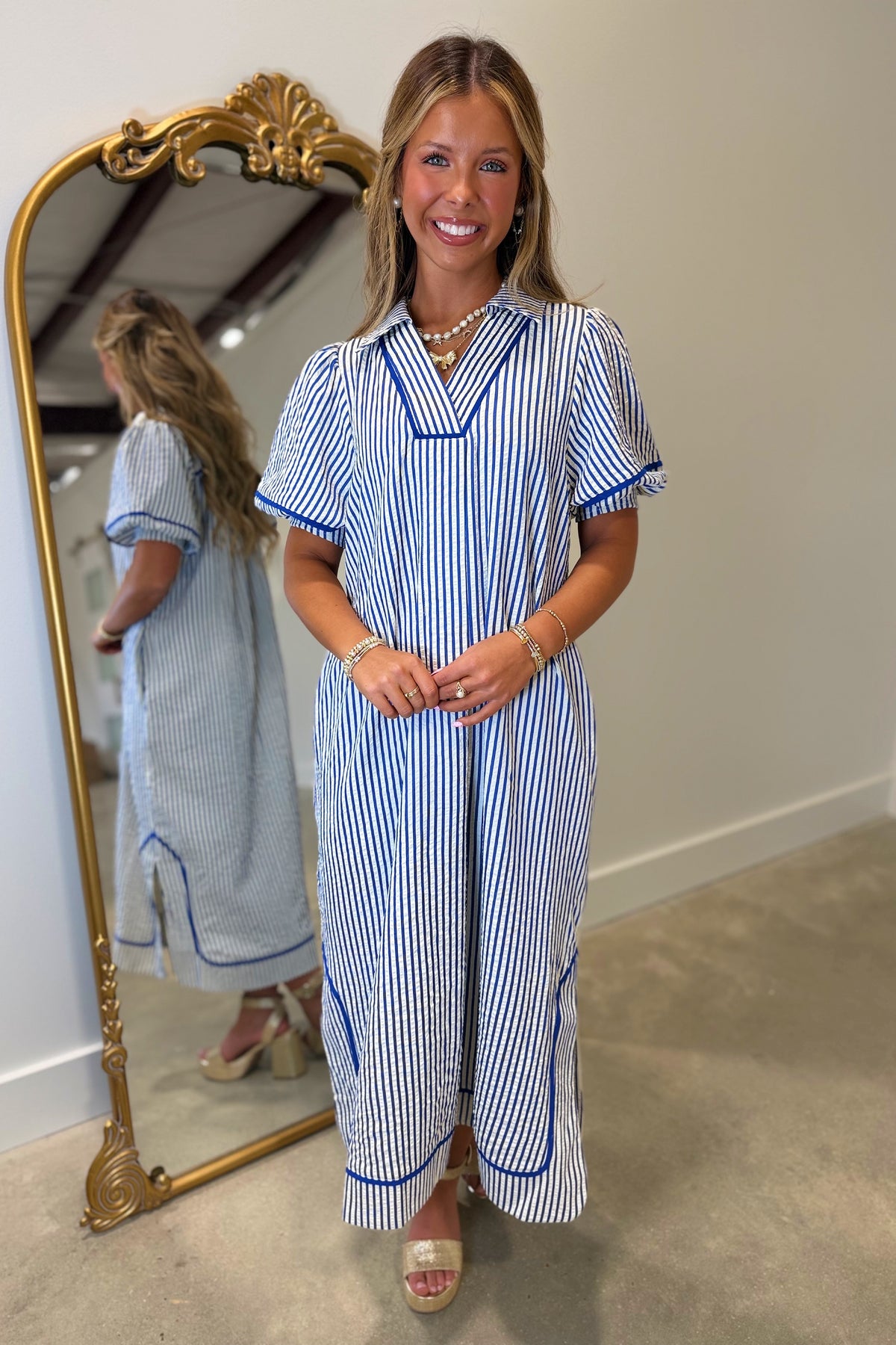 Umgee Striped Maxi Dress Royal Blue RESTOCK