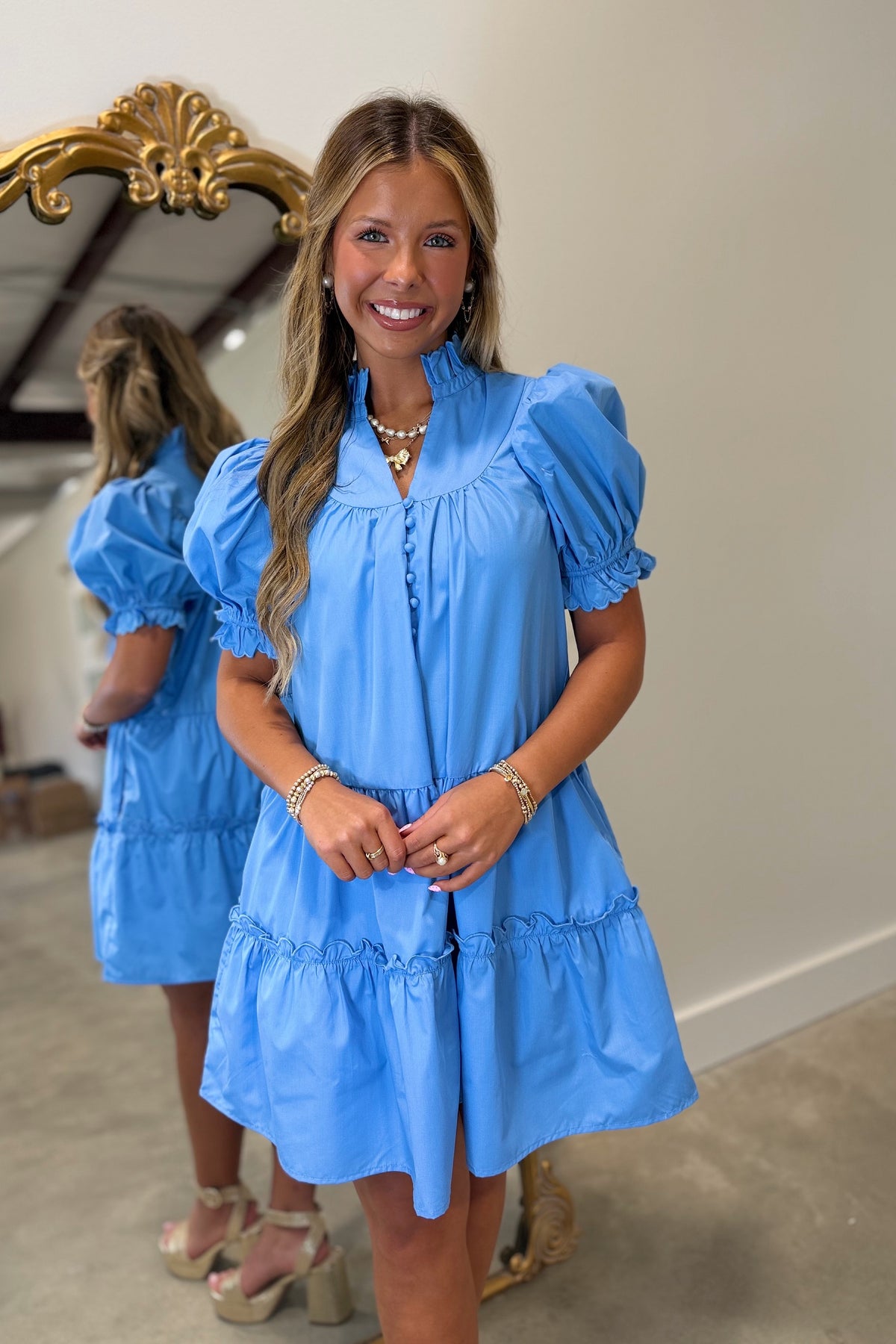 Scallop Ruffle Trim Dress Chambray