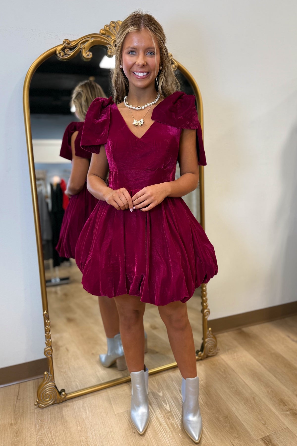 Holiday Glam Velvet Bubble Dress w Bows Magenta