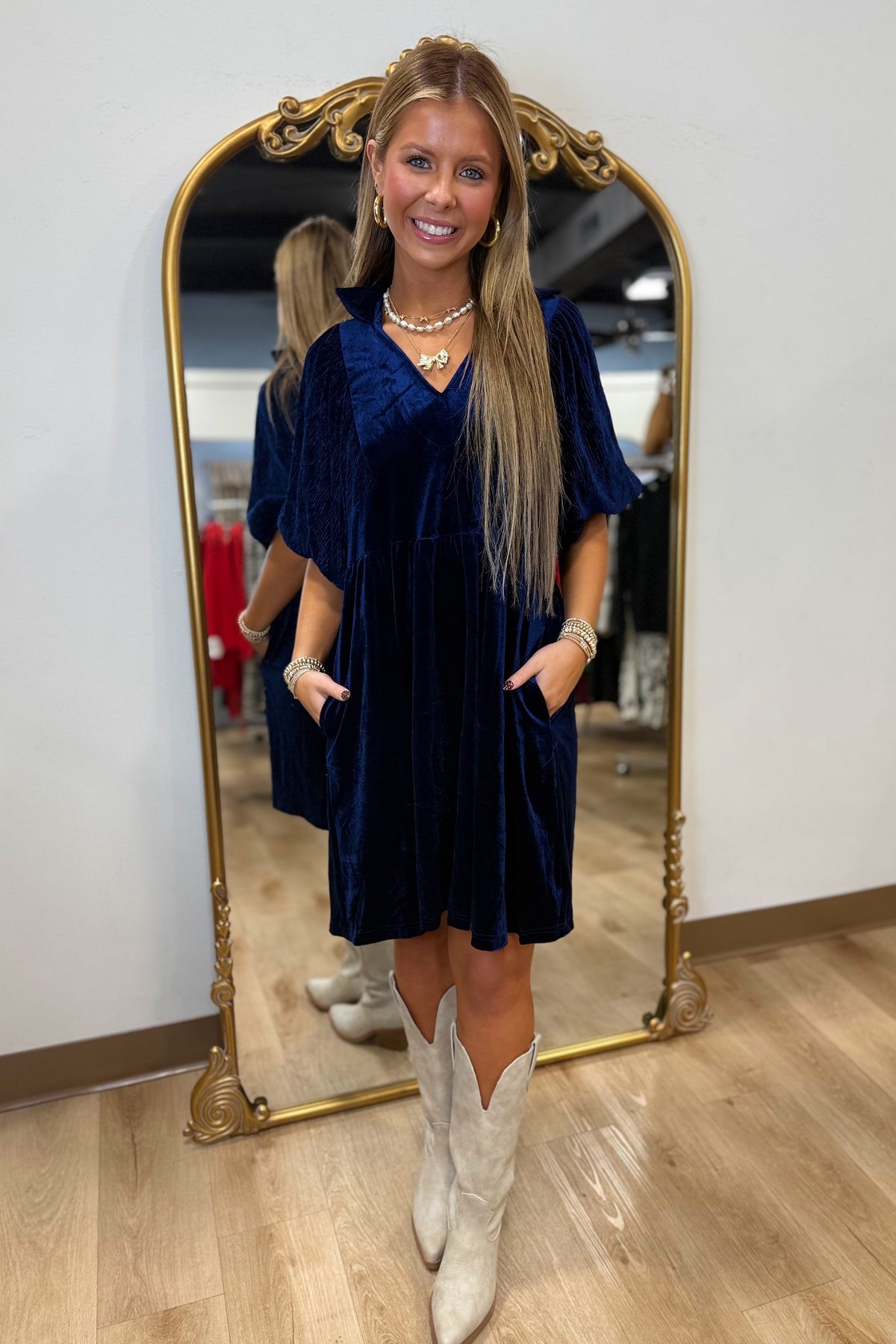 Umgee 3/4 Sleeve Velvet Collar Dress Navy
