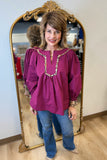 Umgee Leopard Trim Blouse Wine