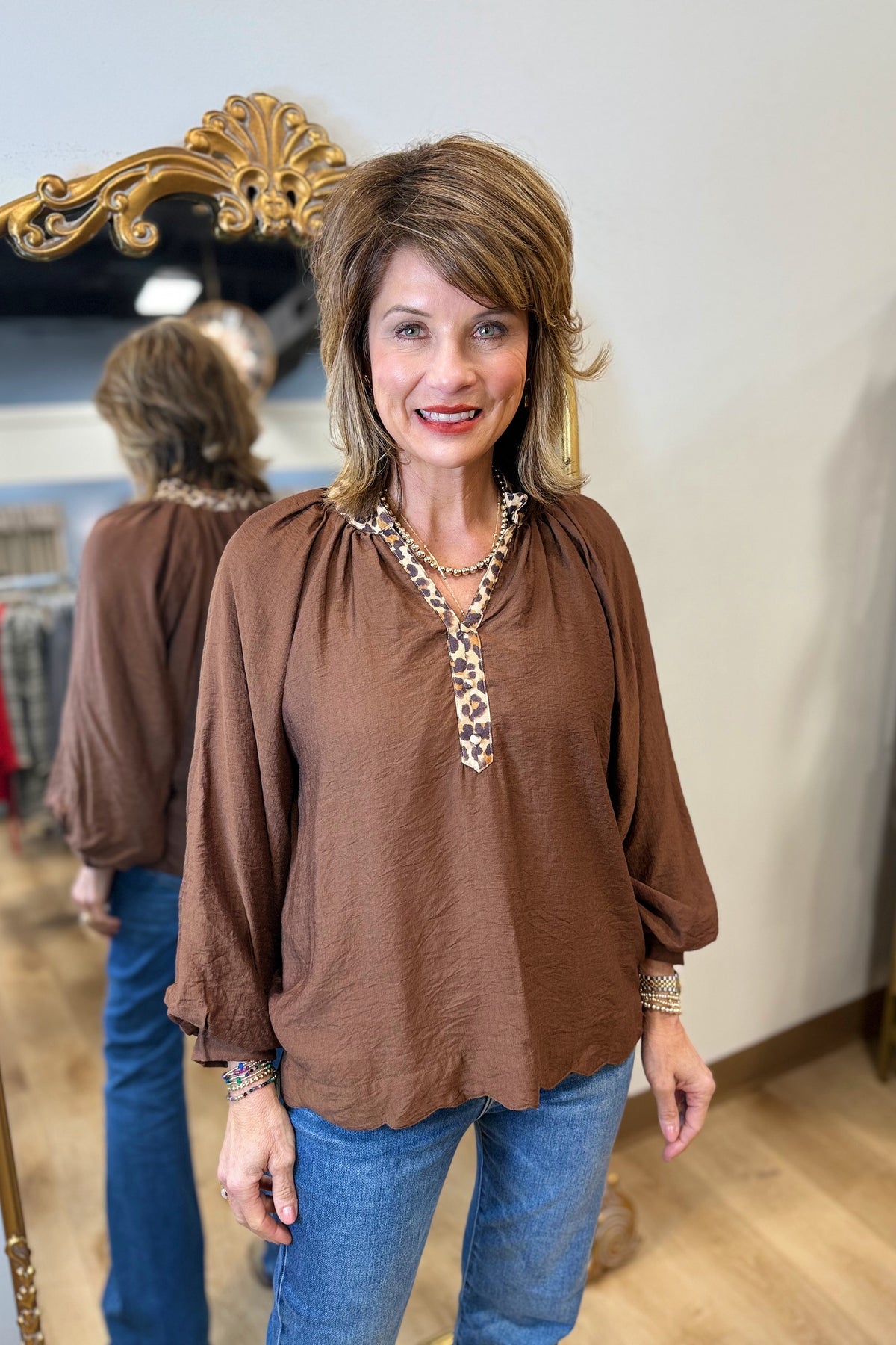 Umgee Balloon Sleeve Blouse Mocha