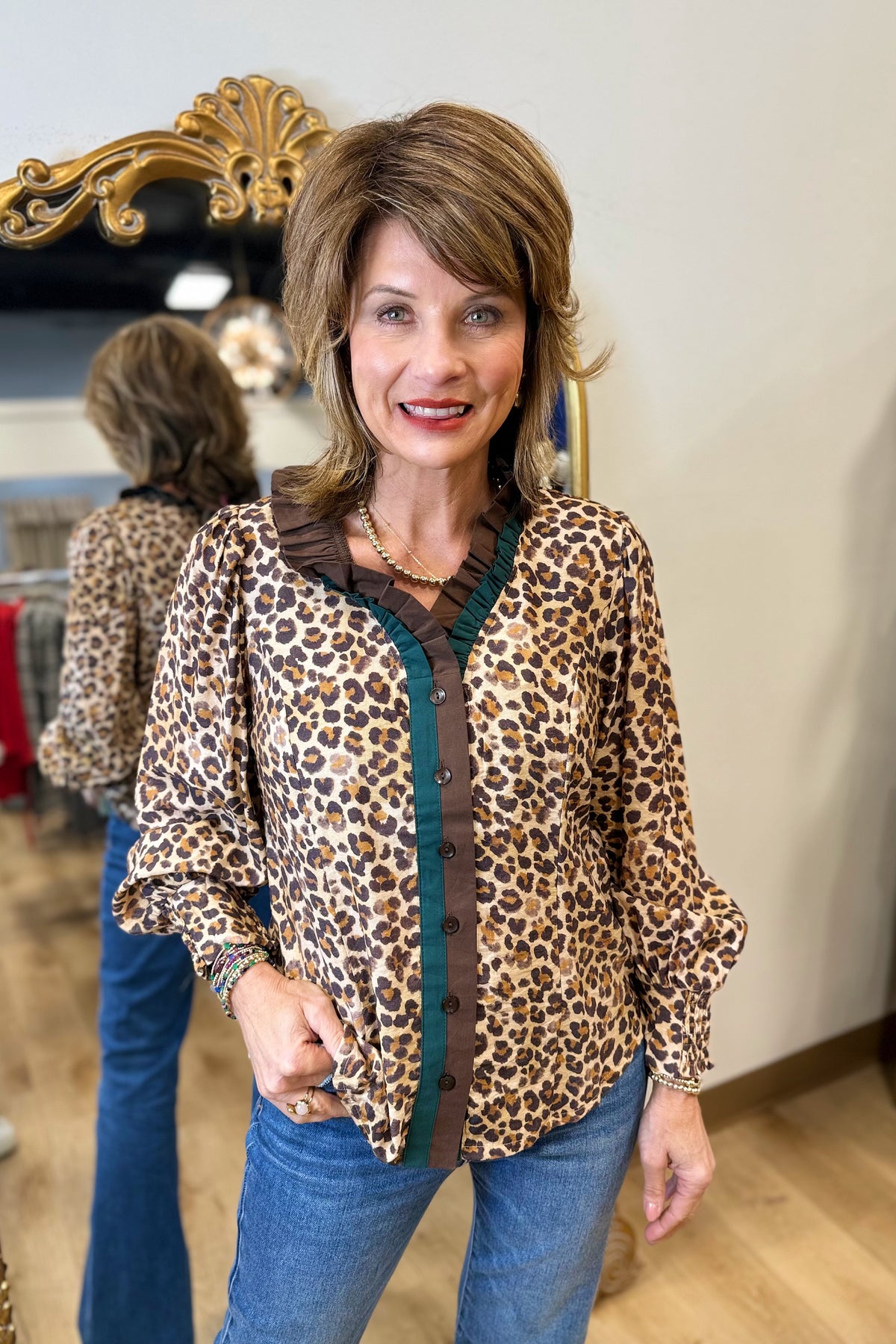 Umgee Ruffle Trim Leopard Print Blouse Latte