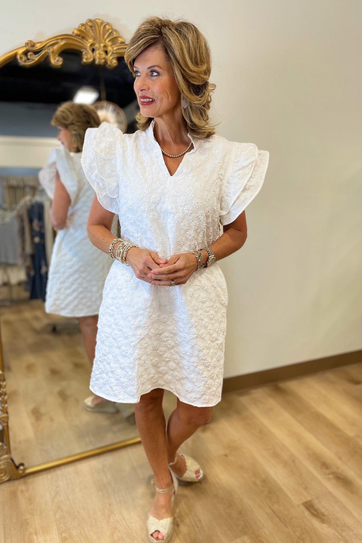Sunday Flare Embossed Dress White