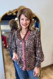 Umgee Ruffle Trim Leopard Print Blouse Olive
