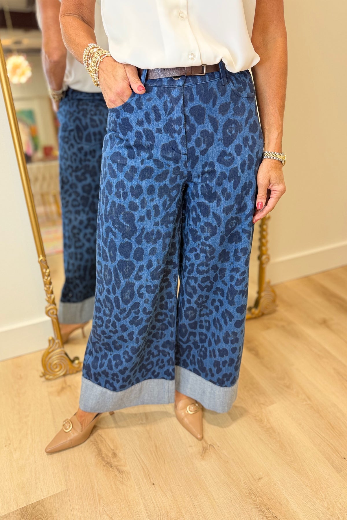 Renuar Cuffed Wide Leg Pant Indigo Leopard