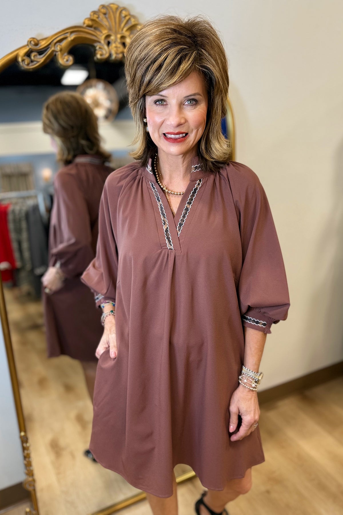 Umgee V-Neck Shift Dress Mocha