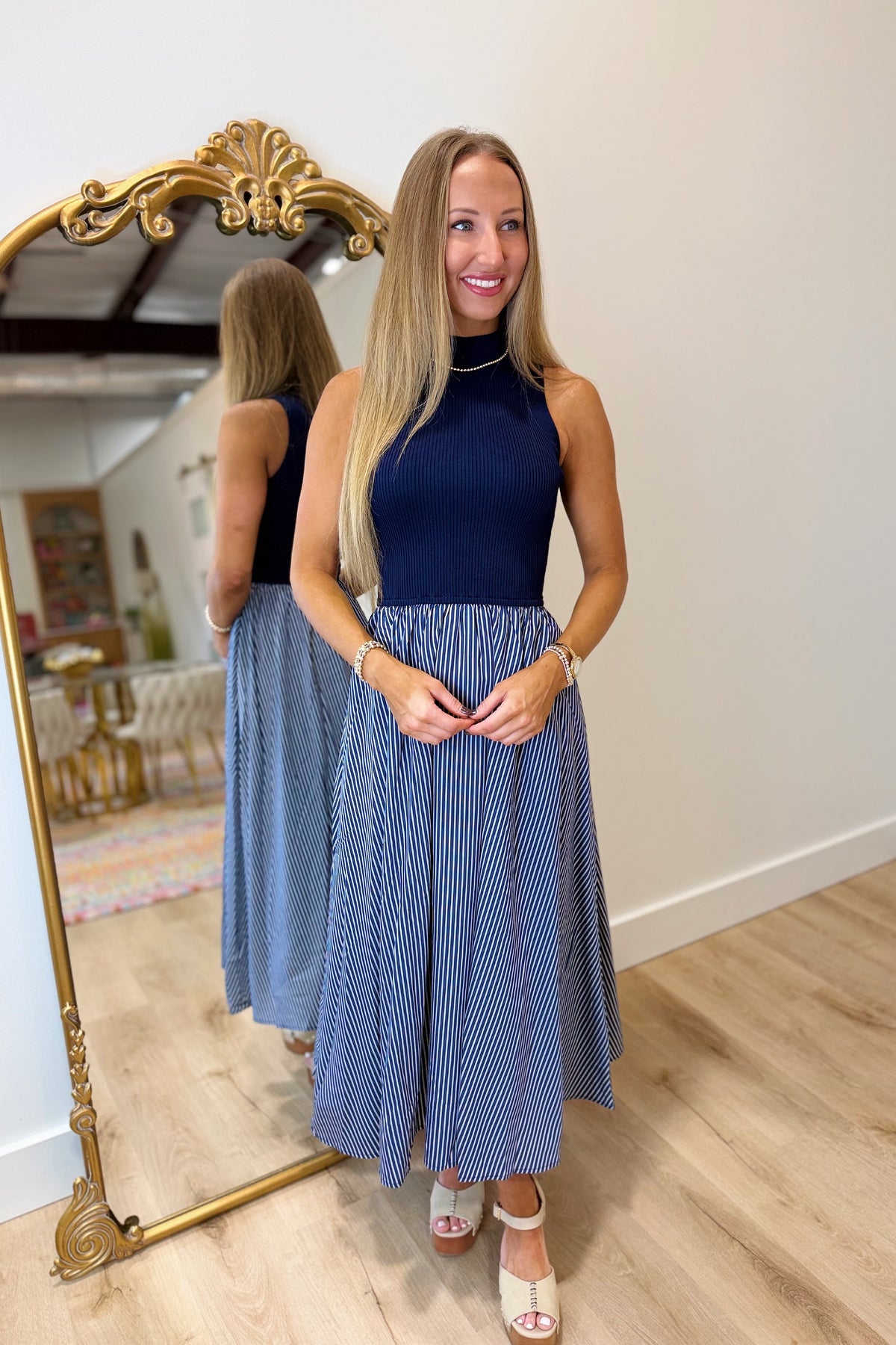 Elan Striped Combo Maxi Dress Navy Black