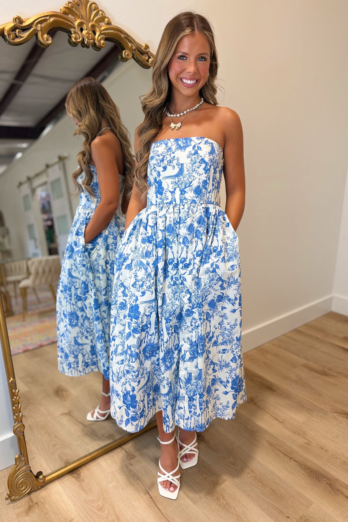 Toile Strapless Midi Dress Blue