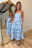 Toile Strapless Midi Dress Blue