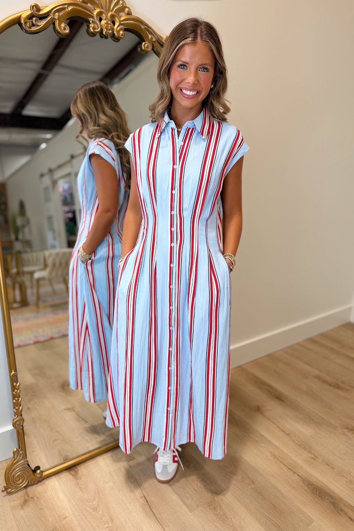 All American Striped Button Midi Dress