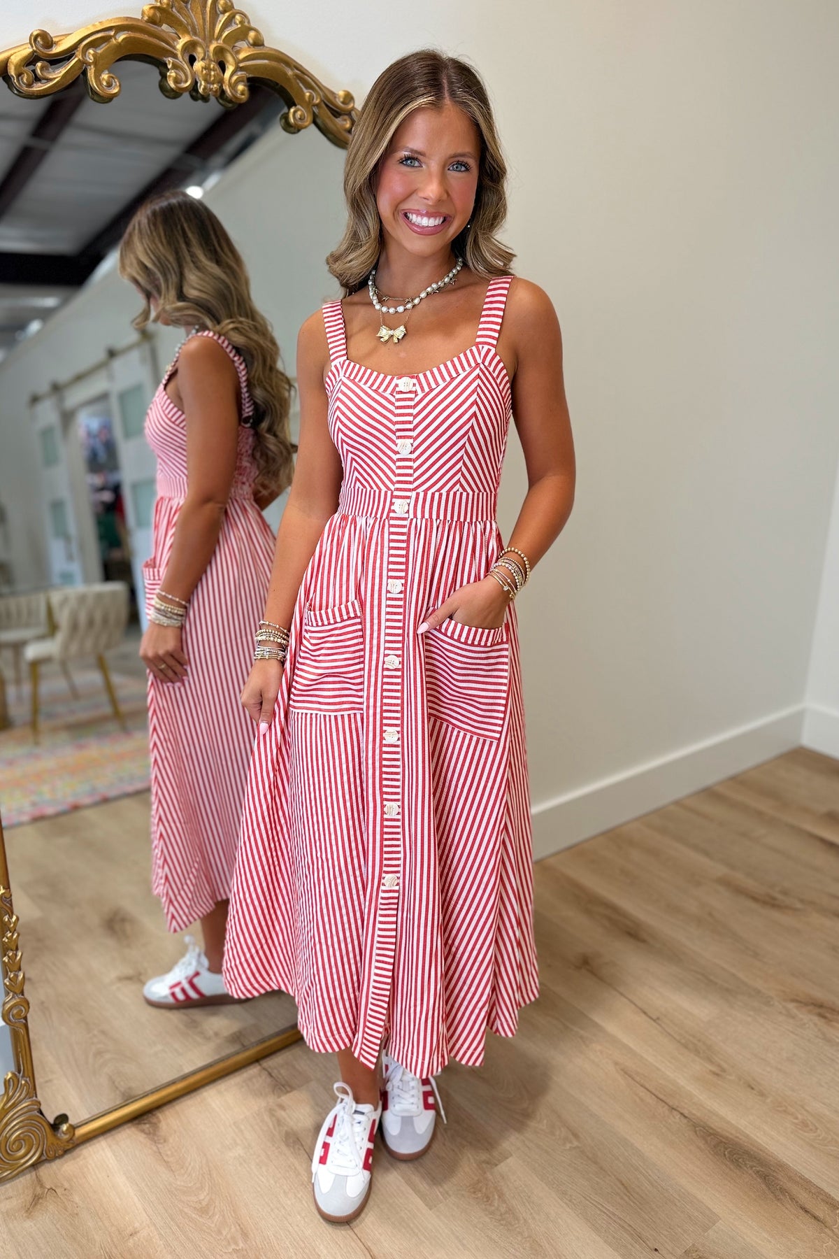 In Route Striped Button Dress Red