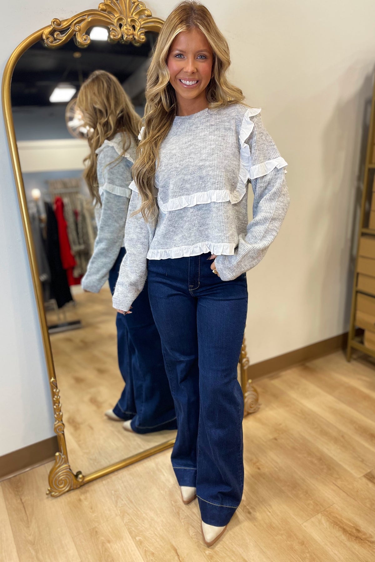 Stylish Ruffle Knit Sweater Grey