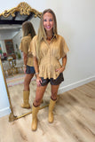 Flattering Pleats Suede Top Camel