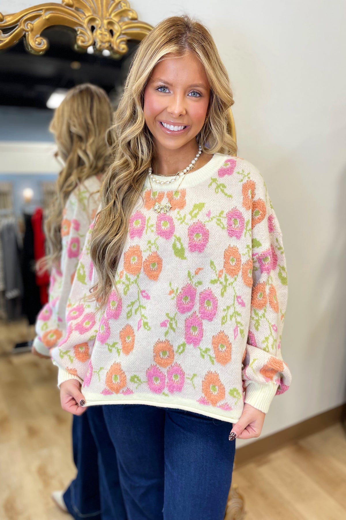 Floral Textured Printed Knit Sweater