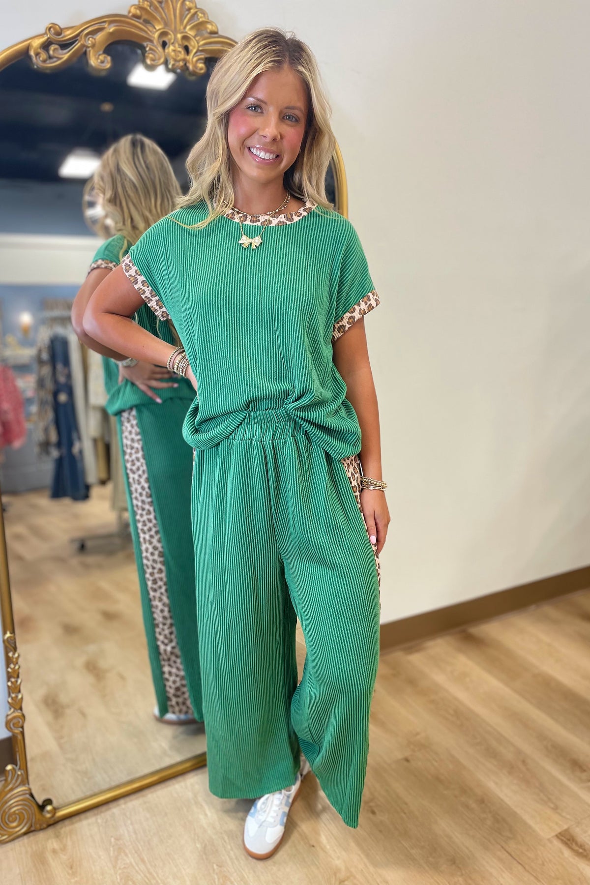 Roar in Ribbed Pant Set Green Leopard