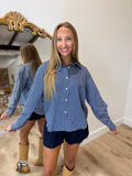 Elan Sedona Striped Button Down LS Top Navy