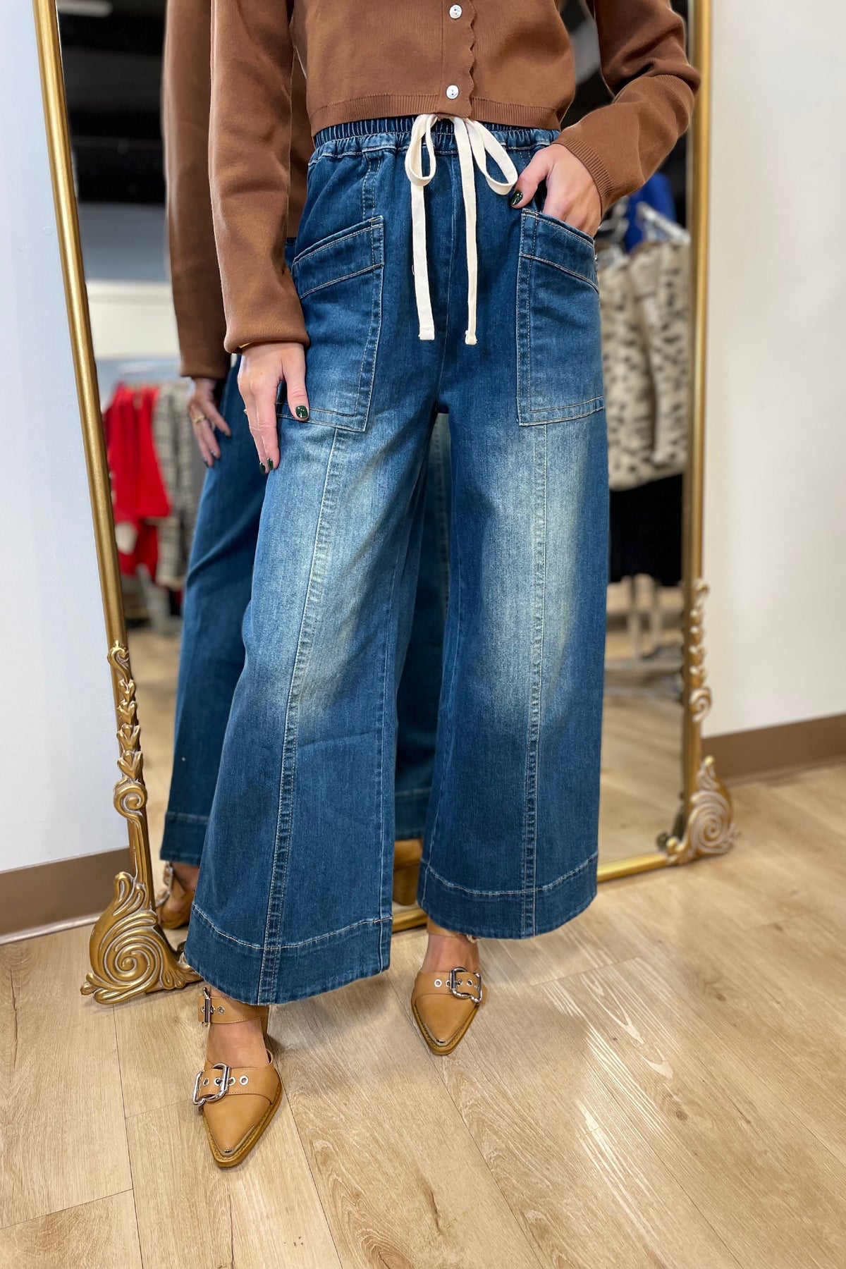 Denim Wash Wide Leg Drawstring Pants