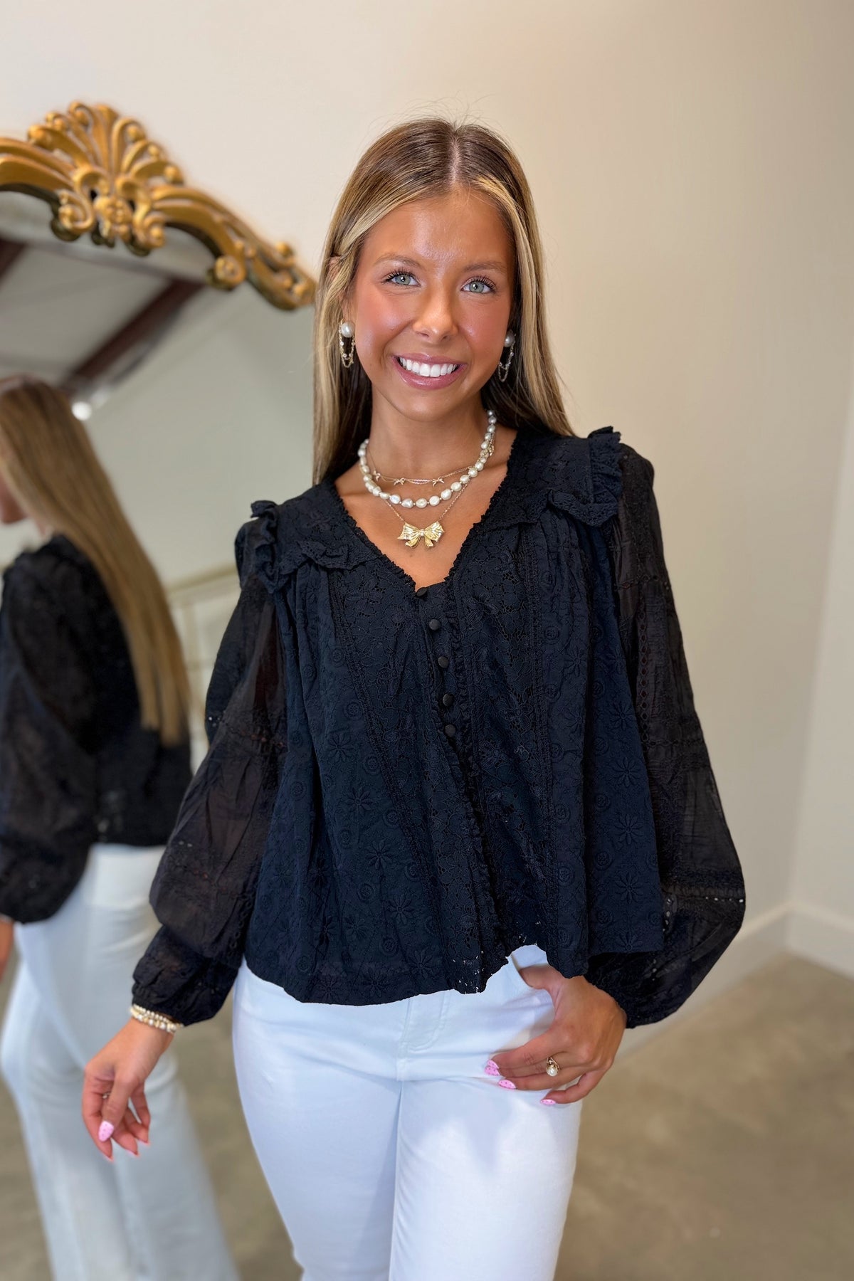 Delicate Embroidered Lace Blouse Black