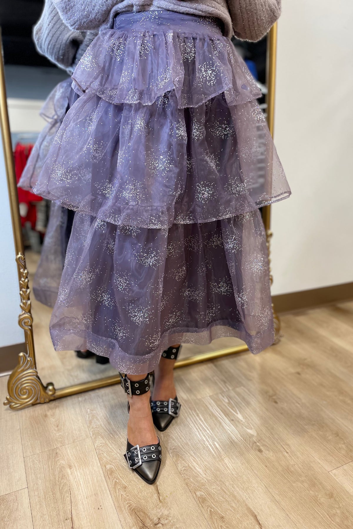 Glitter Tiered Organza Midi Skirt Deep Purple