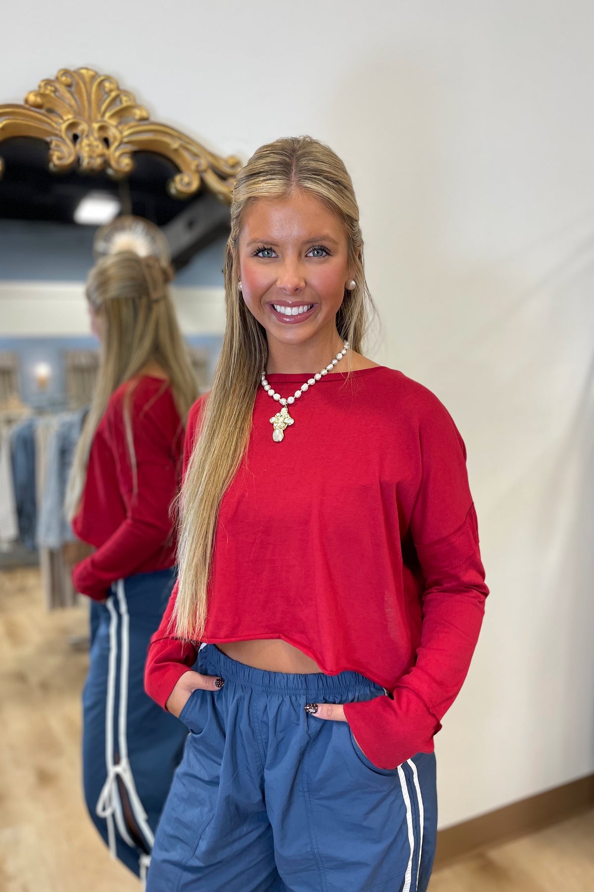 Cropped Cutout Back Long Sleeve Tee Red