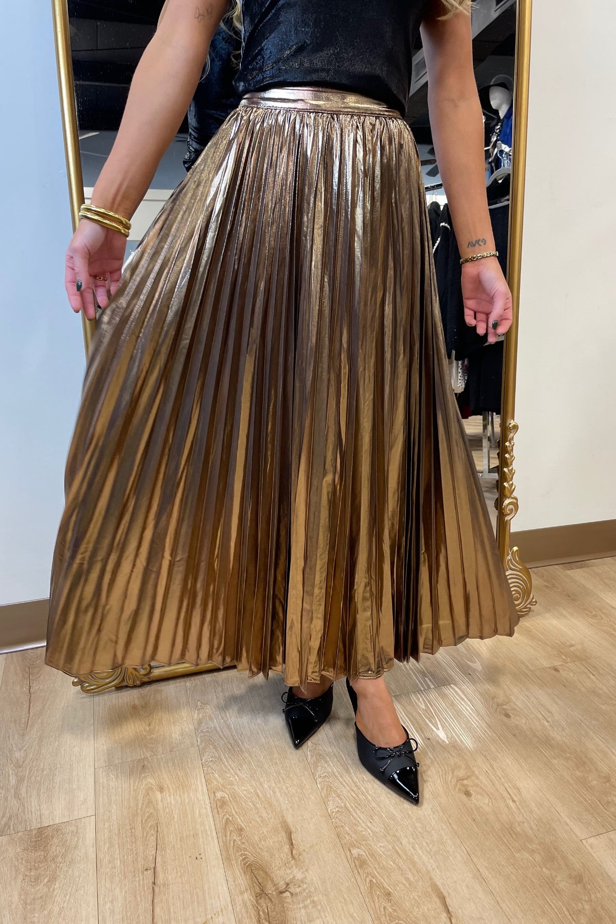 Bronze Metallic Pleated Maxi Skirt