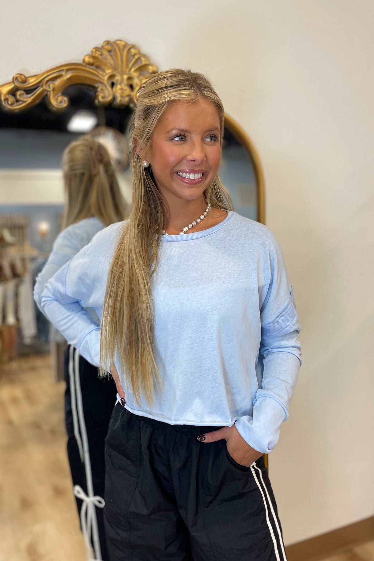Cropped Cutout Back Long Sleeve Tee Blue