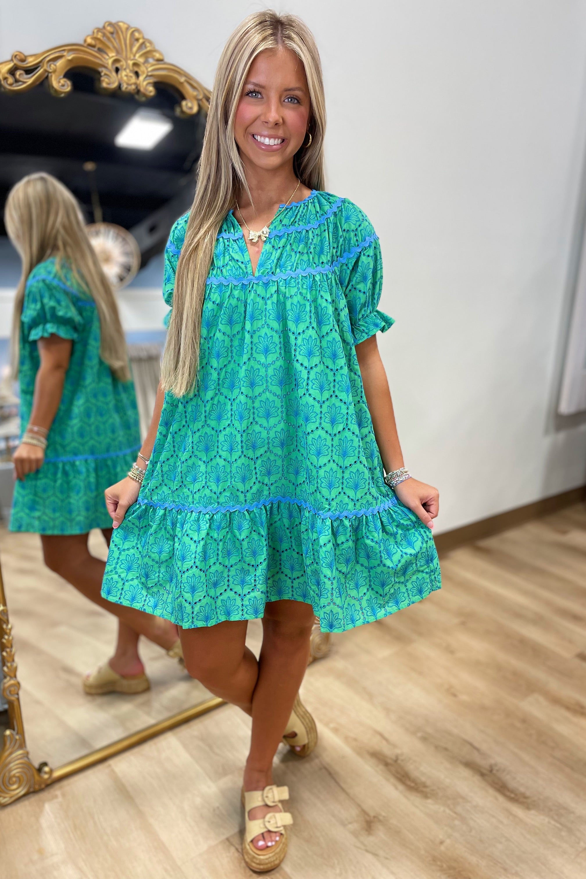 Umgee Stitched Floral Dress Green
