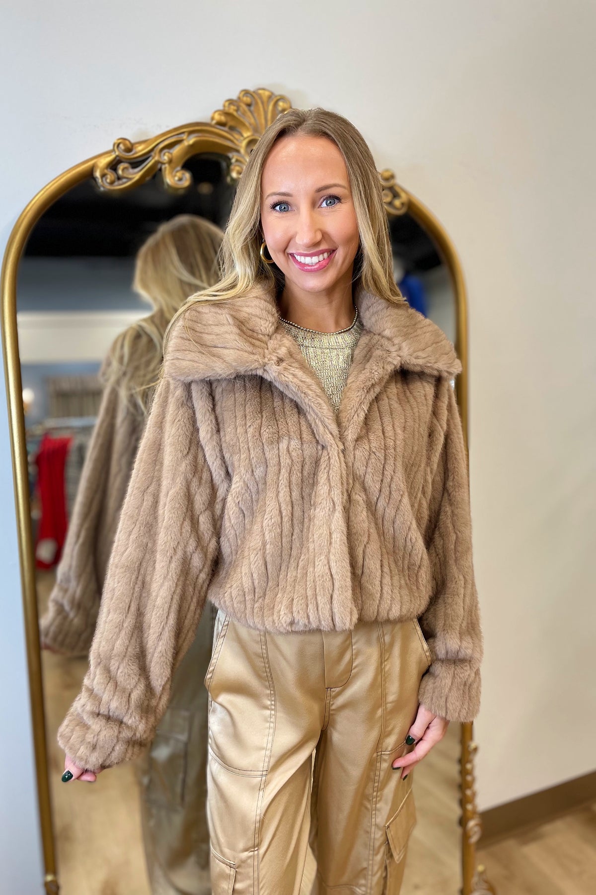 Faux Fur Collared Crop Jacket Mocha