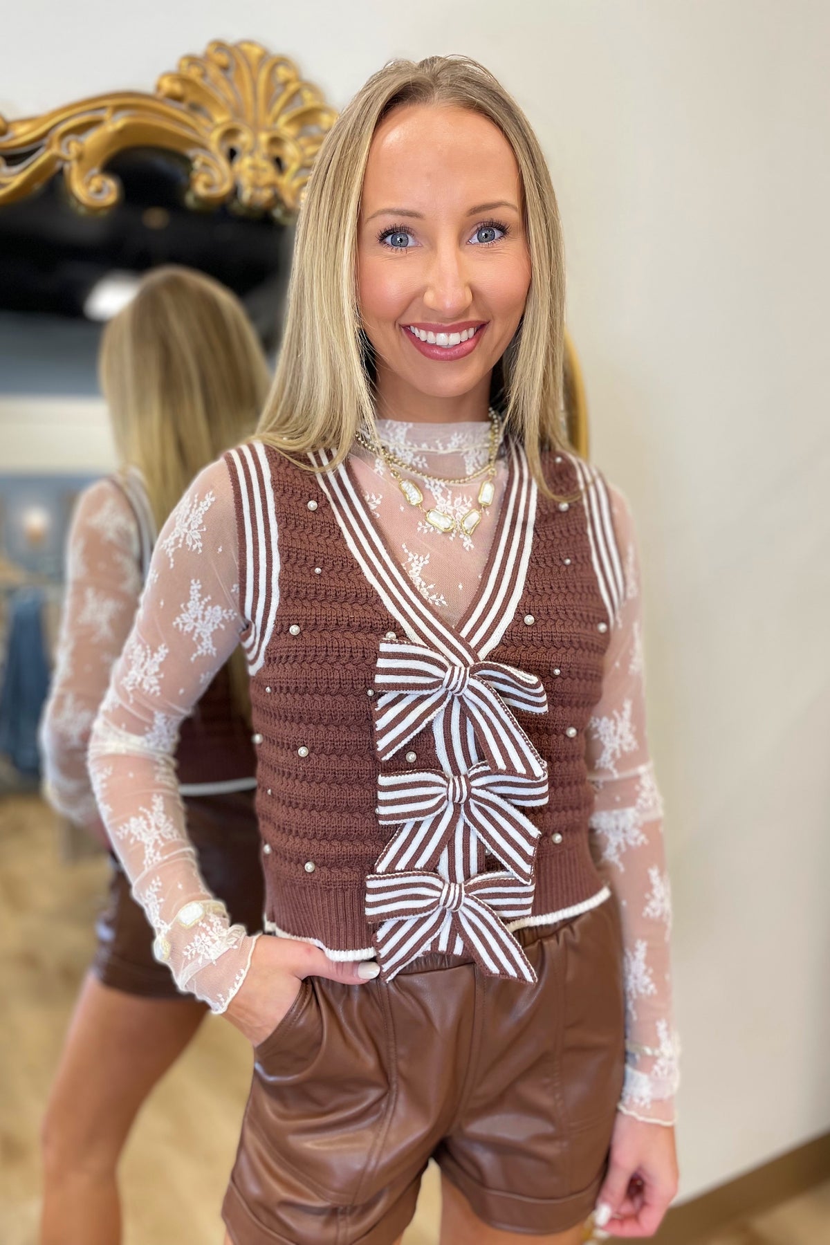 Rustic Ribbons Bow Sweater Vest Brown