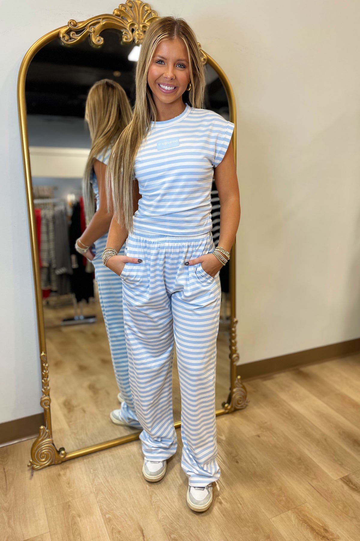 E Squared Striped Cap Sleeve Cinched Tee Blue