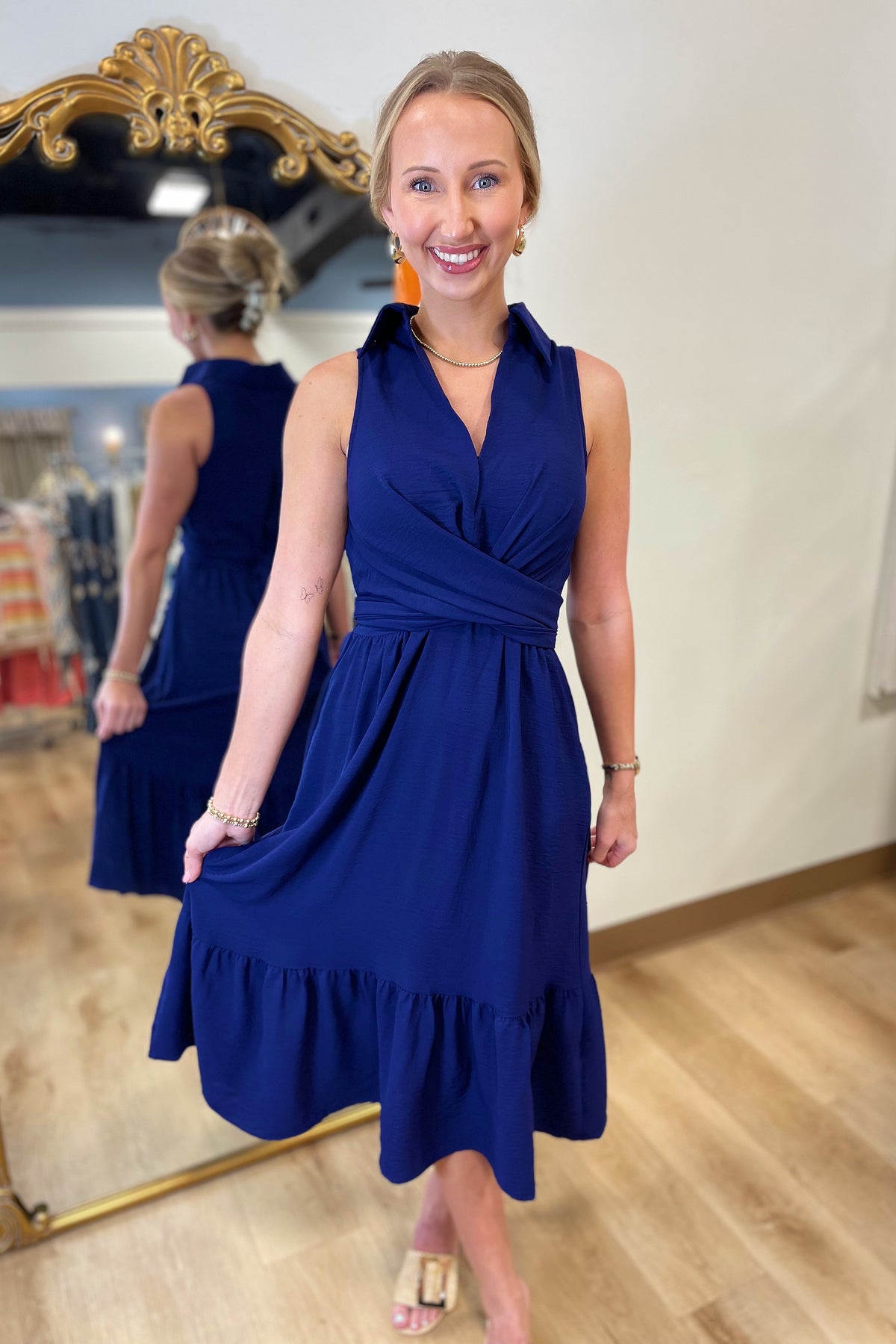 navy blue wrap midi dress Navy Blue long sleeve Wrap Midi Dress