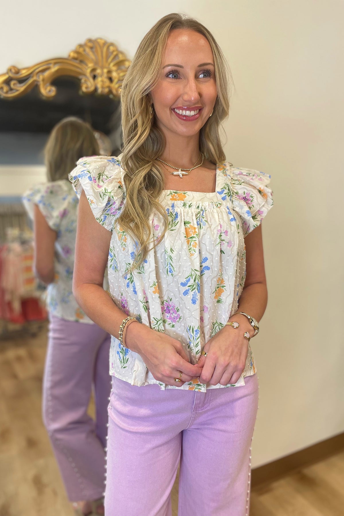 Dotted Swiss Floral Blouse Cream