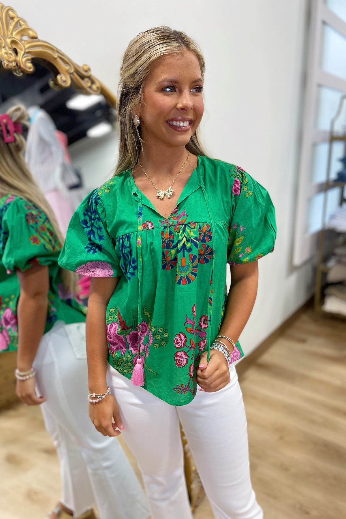 Peyton Puff Sleeve Floral Top Green