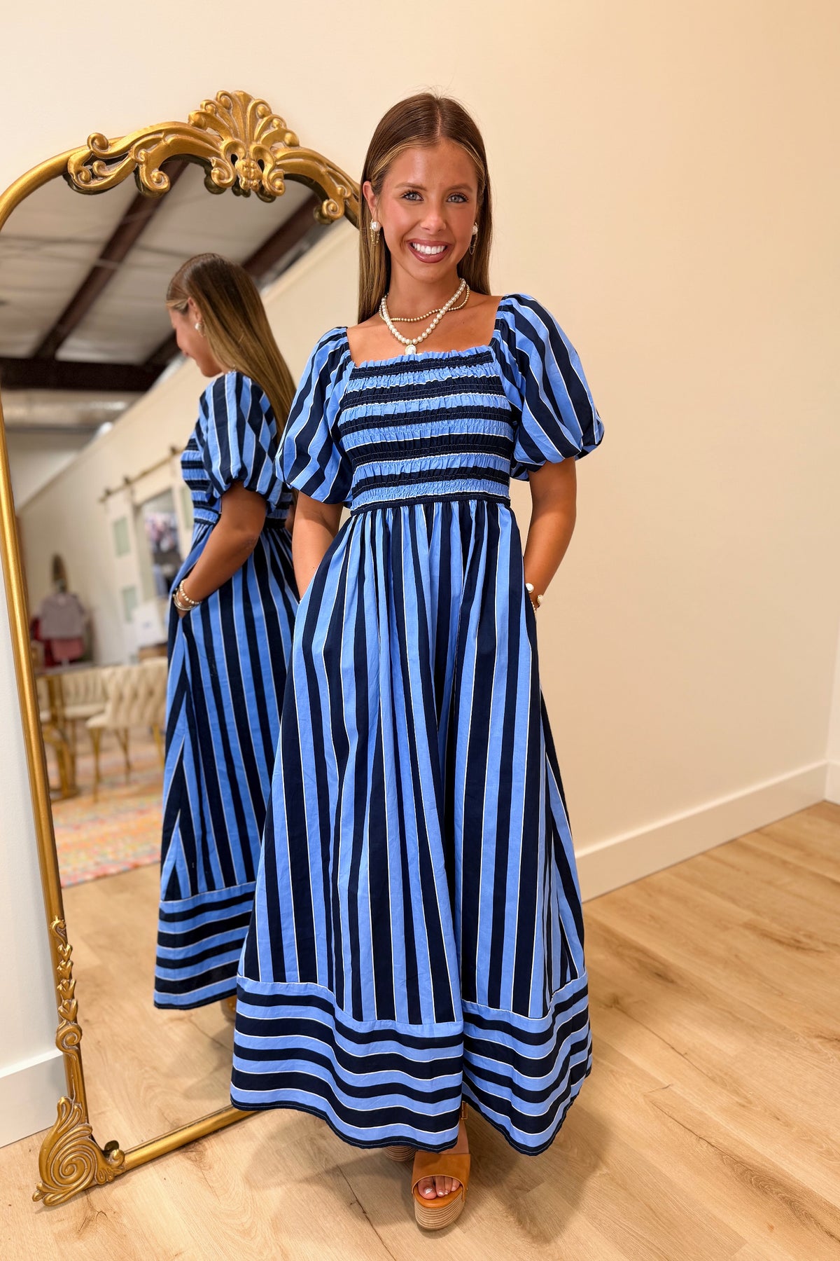 Autumn Agenda Striped Midi Dress Navy
